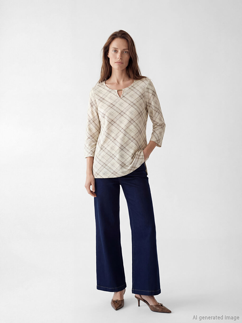 Bej Bisiklet Yaka Desenli Bluz-1