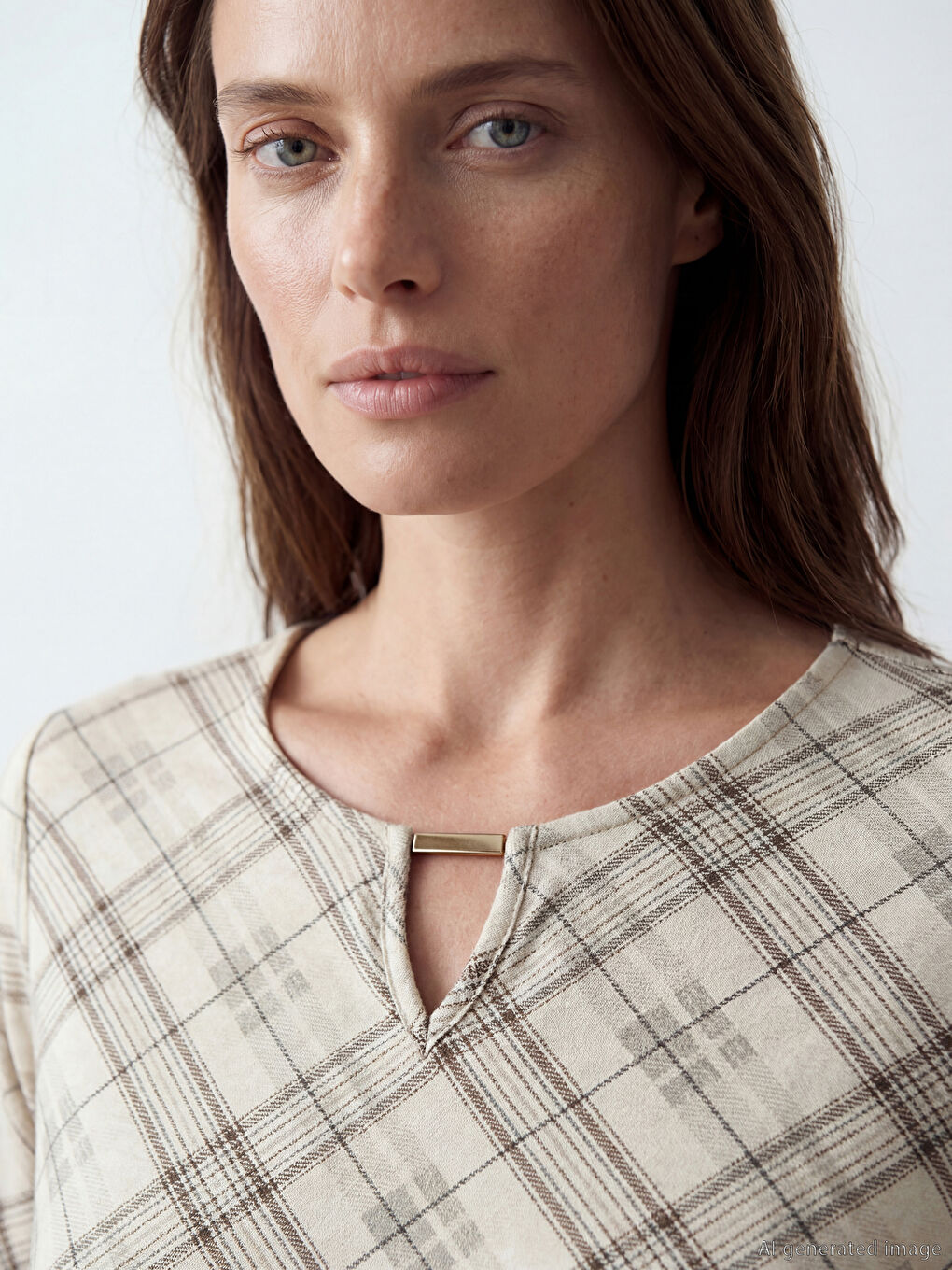 Bej Bisiklet Yaka Desenli Bluz-2