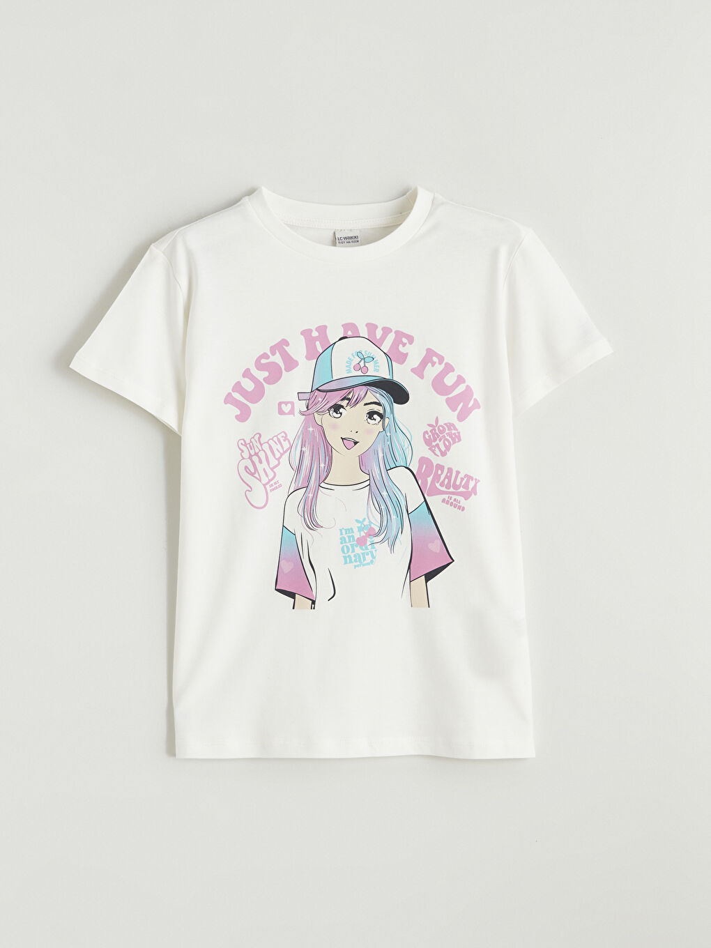 Beyaz Bisiklet Yaka Baskılı Kız Çocuk Tişört