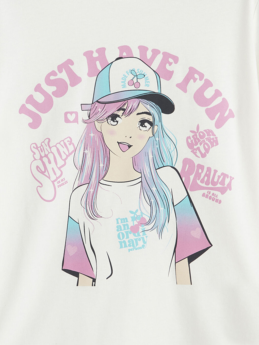 Beyaz Bisiklet Yaka Baskılı Kız Çocuk Tişört-1