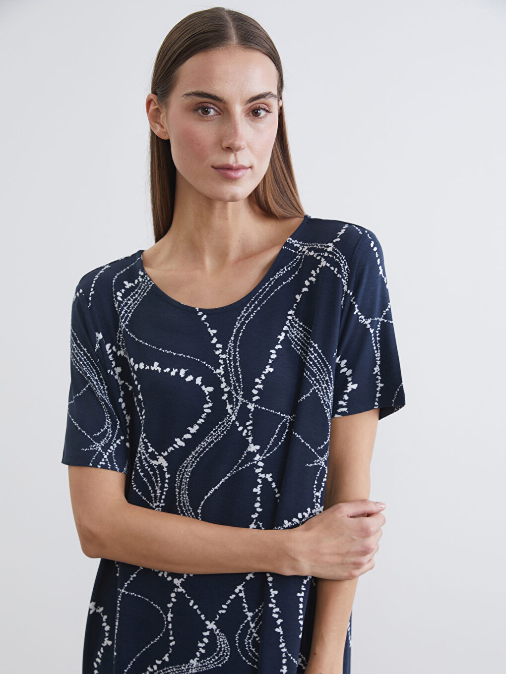 Lacivert Bisiklet Yaka Desenli Elbise-1