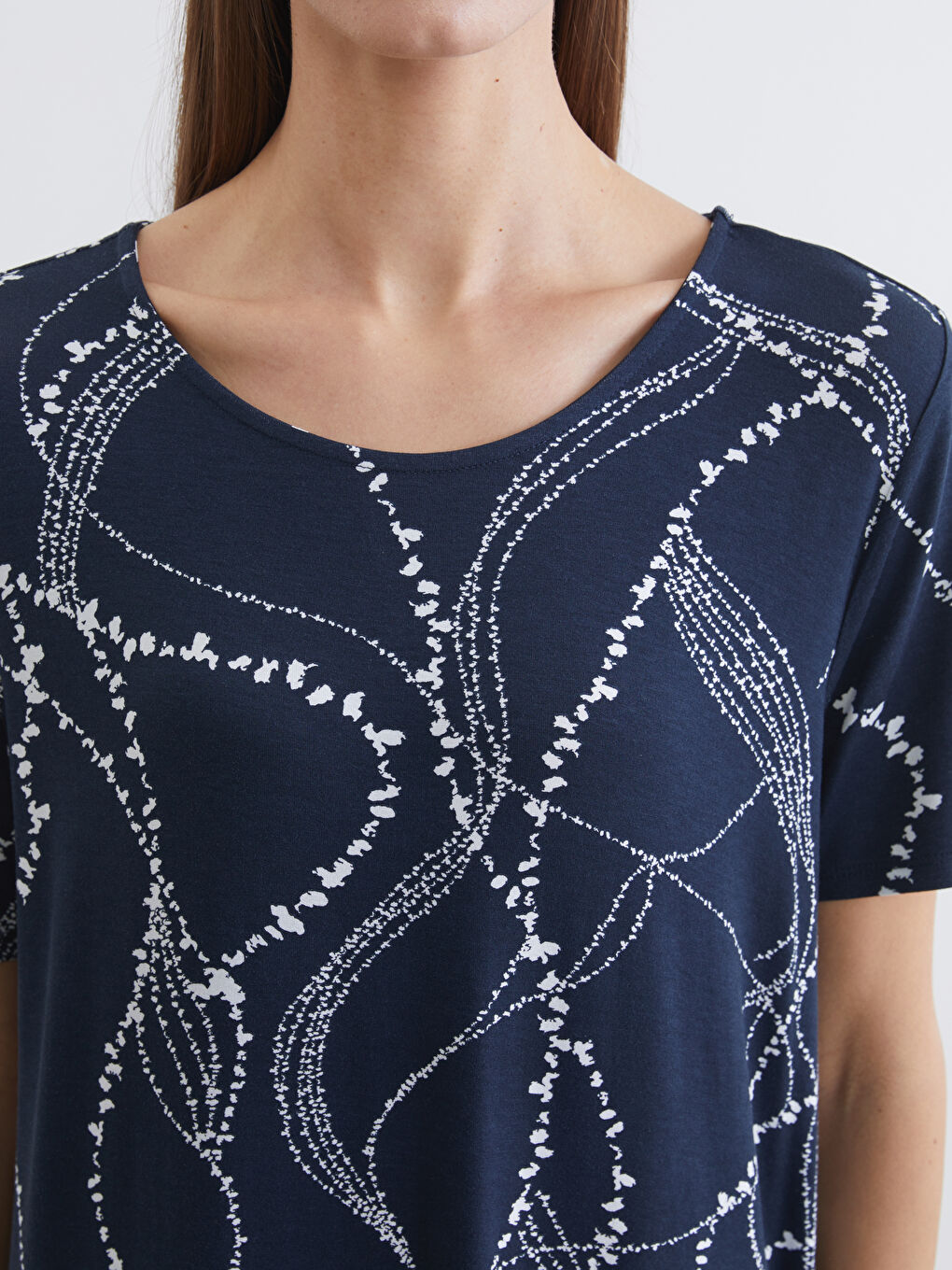 Lacivert Bisiklet Yaka Desenli Elbise-2