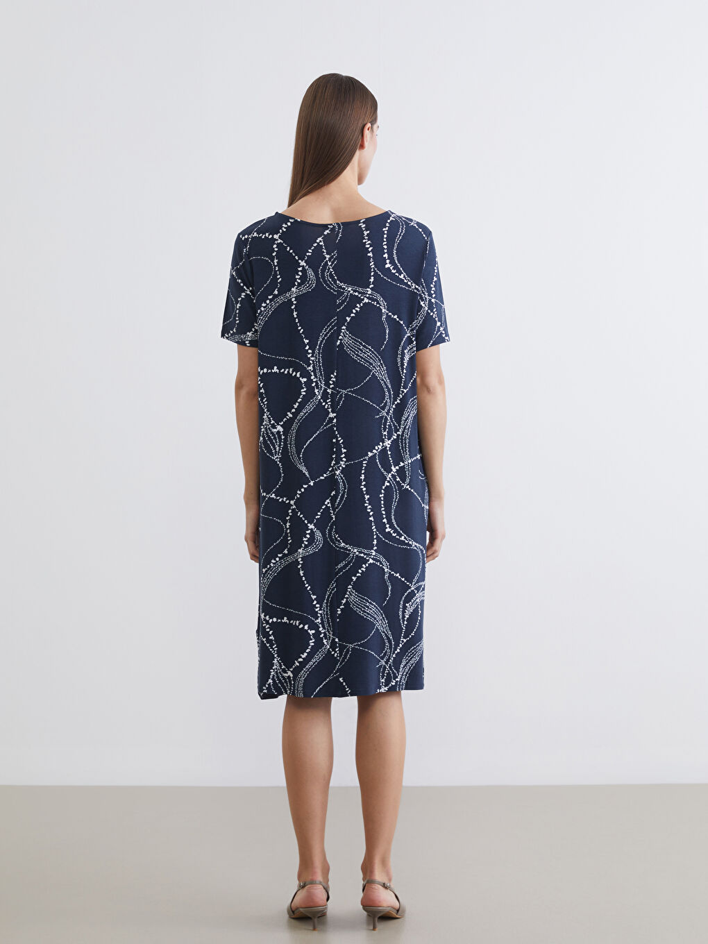 Lacivert Bisiklet Yaka Desenli Elbise-3