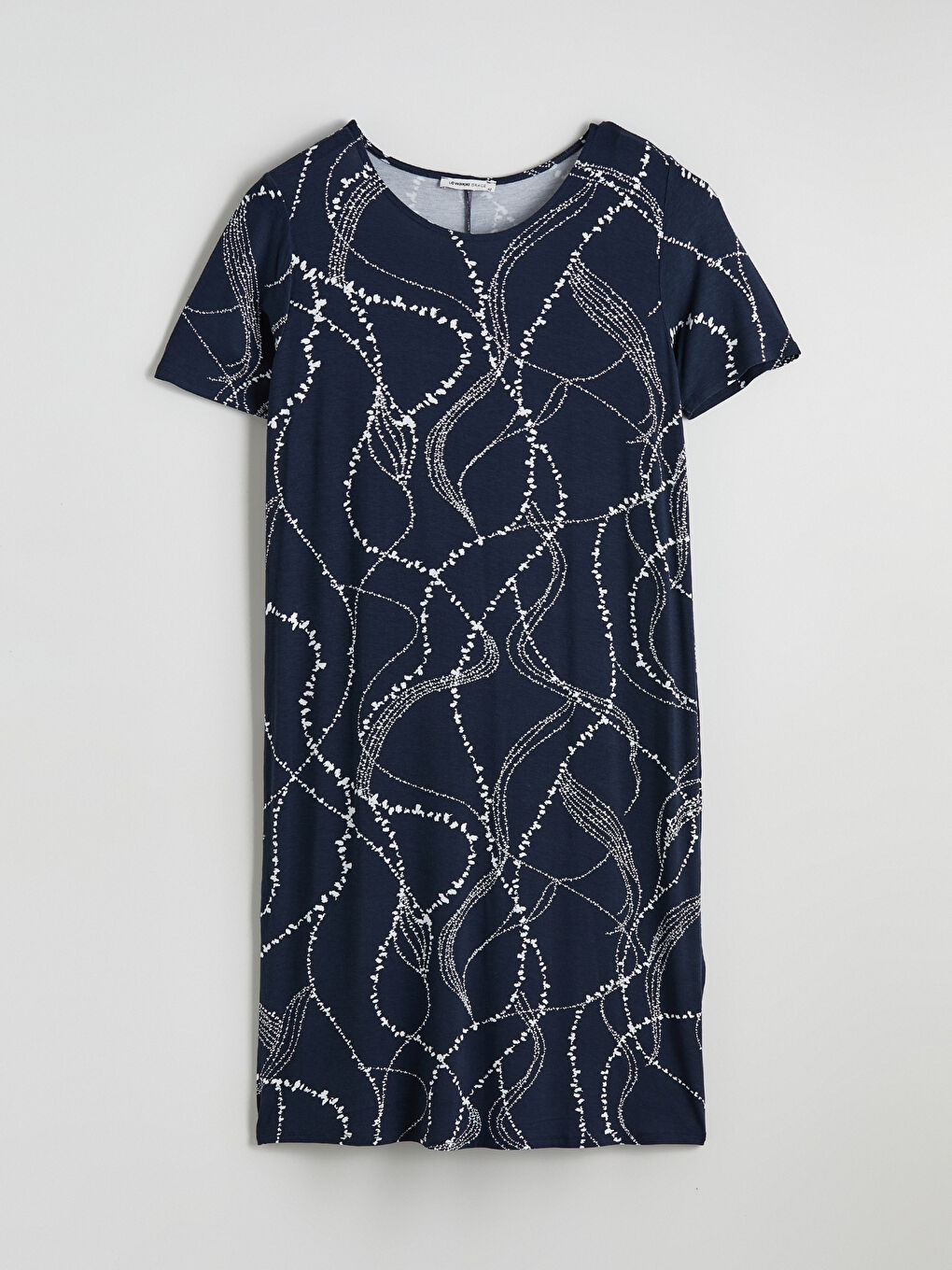 Lacivert Bisiklet Yaka Desenli Elbise-4