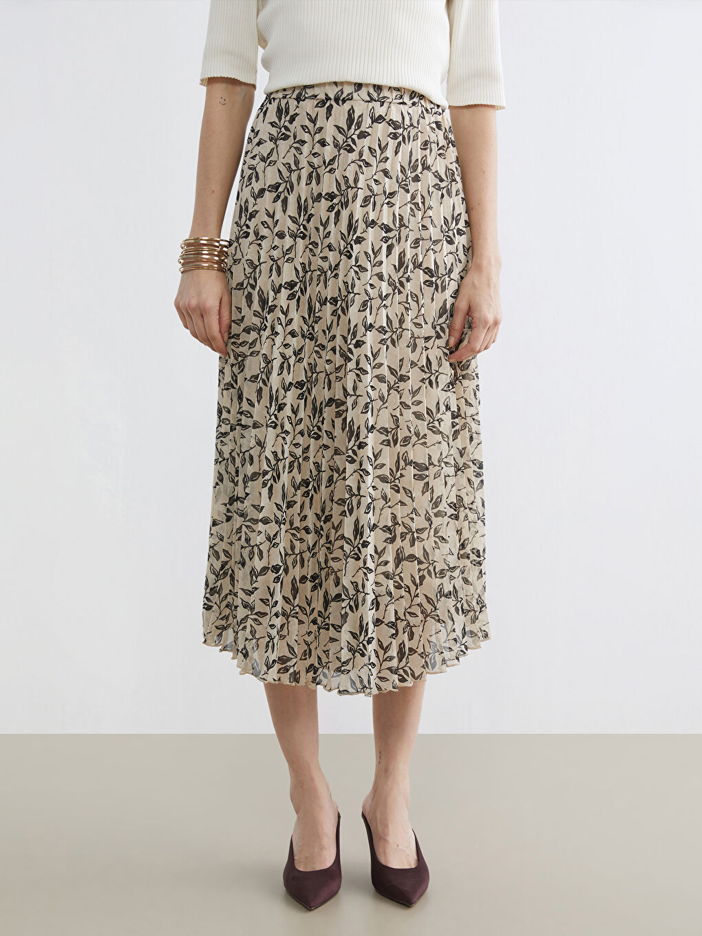 Jupe en Chiffon Florale à Taille Élastiquée-1