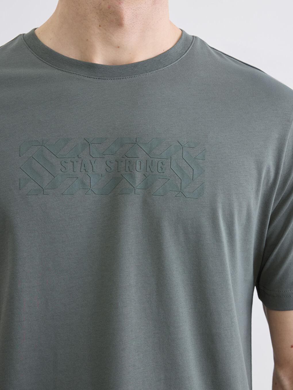 Haki Bisiklet Yaka Baskılı Penye Erkek Tişört-2