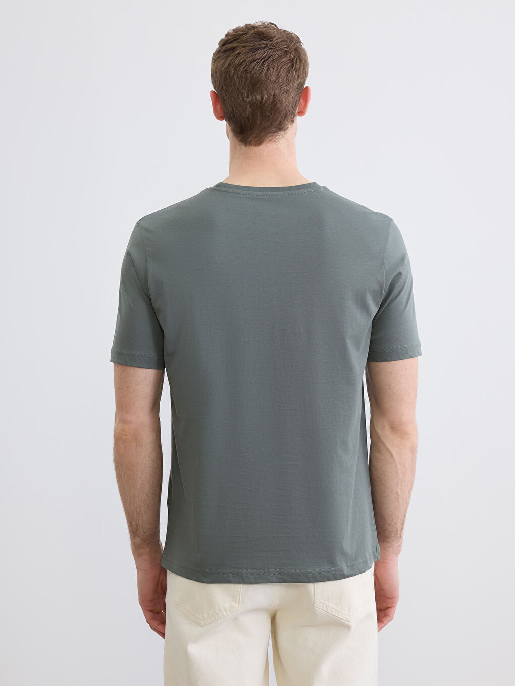 Haki Bisiklet Yaka Baskılı Penye Erkek Tişört-3