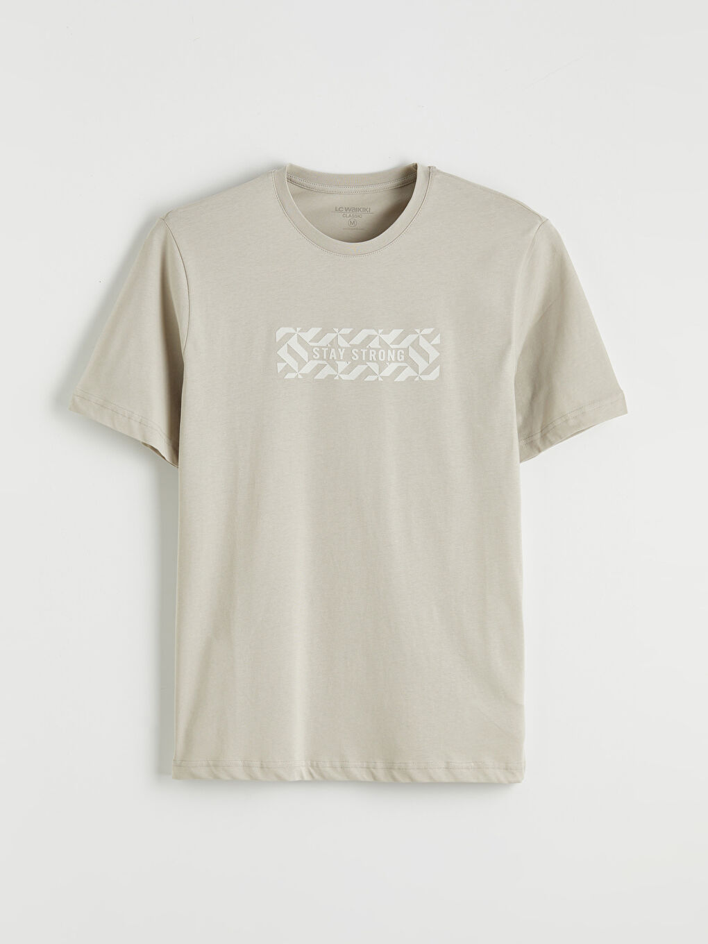 Bej Bisiklet Yaka Baskılı Penye Erkek Tişört