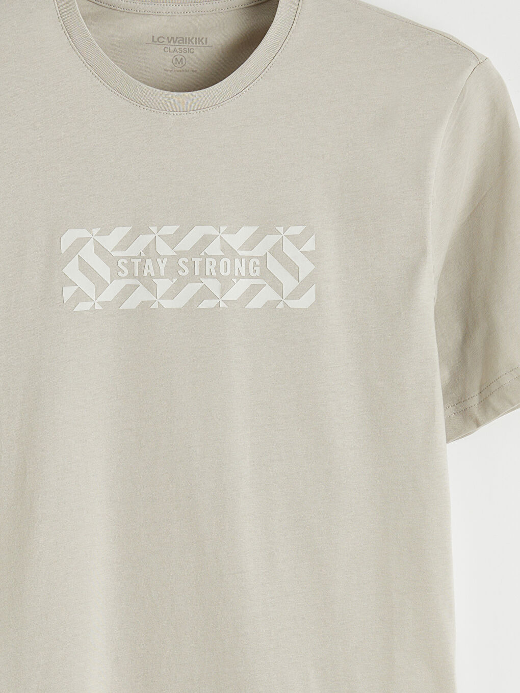 Bej Bisiklet Yaka Baskılı Penye Erkek Tişört-2