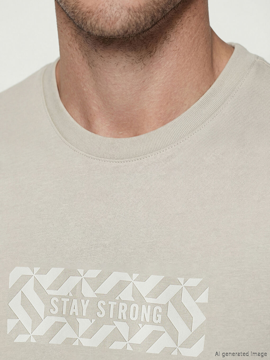 Bej Bisiklet Yaka Baskılı Penye Erkek Tişört-2