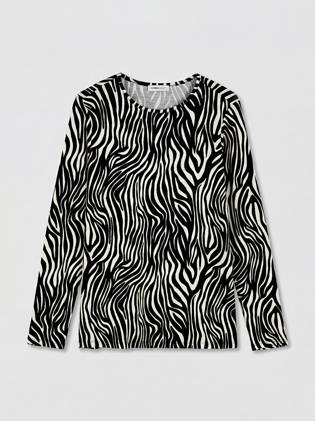 Bej Bisiklet Yaka Zebra Desenli Kadın Tişört-4