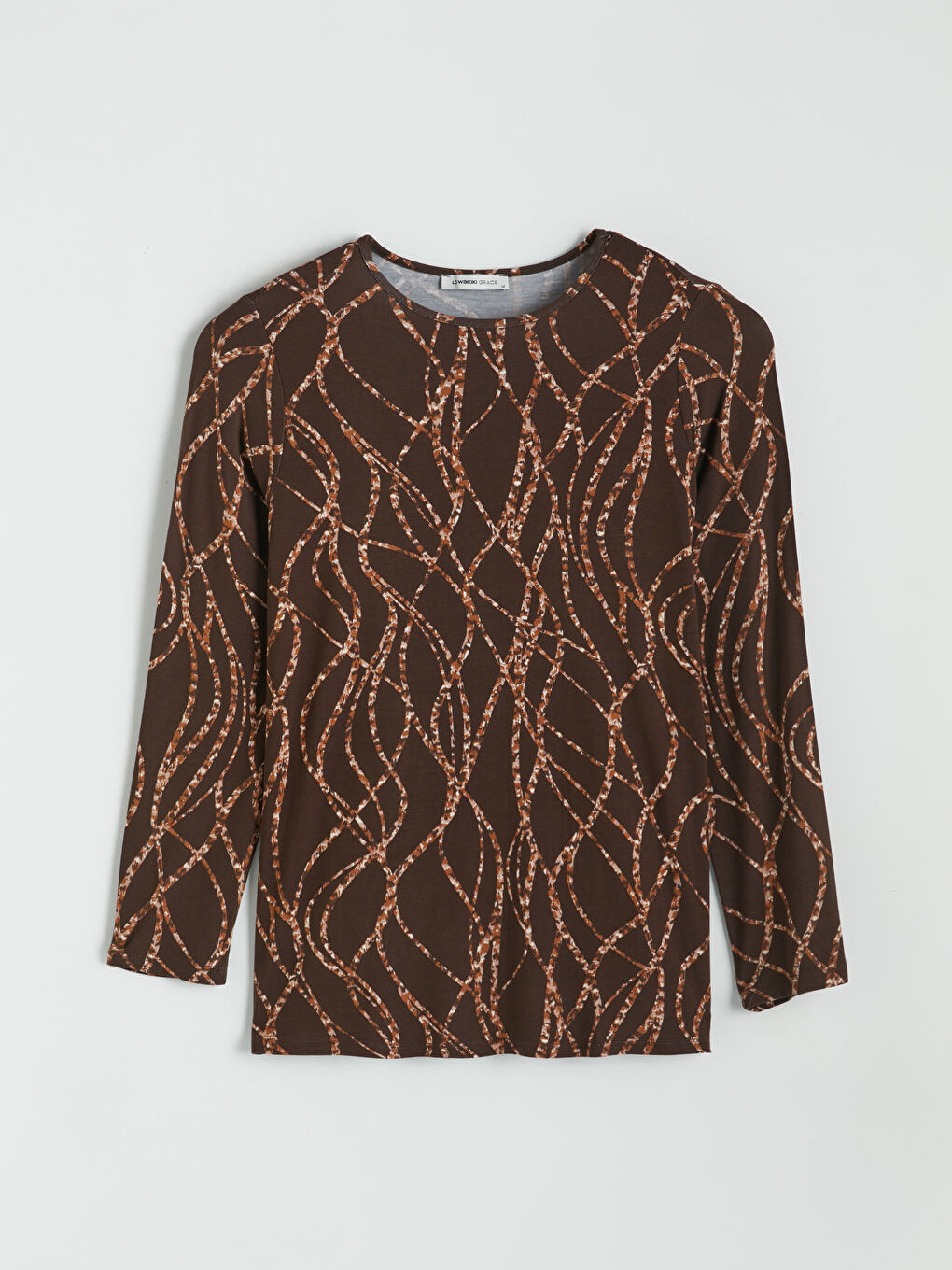 Kahverengi Bisiklet Yaka Desenli Kadın Tişört