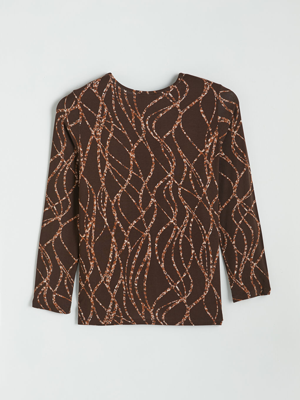 Kahverengi Bisiklet Yaka Desenli Kadın Tişört-2