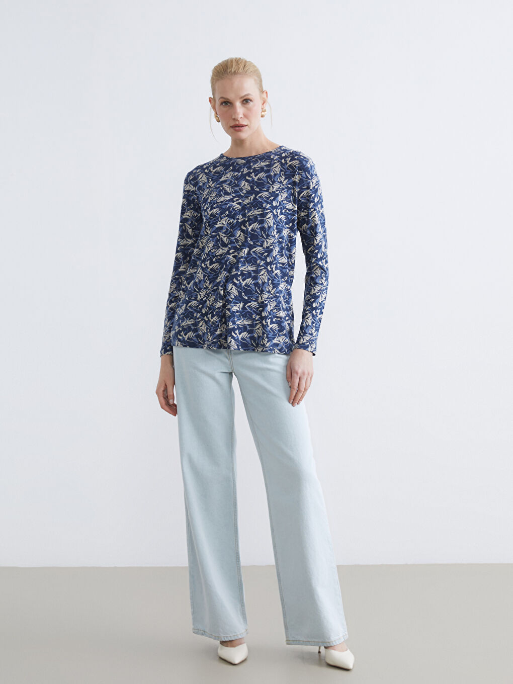 Lacivert Bisiklet Yaka Desenli Bluz-1