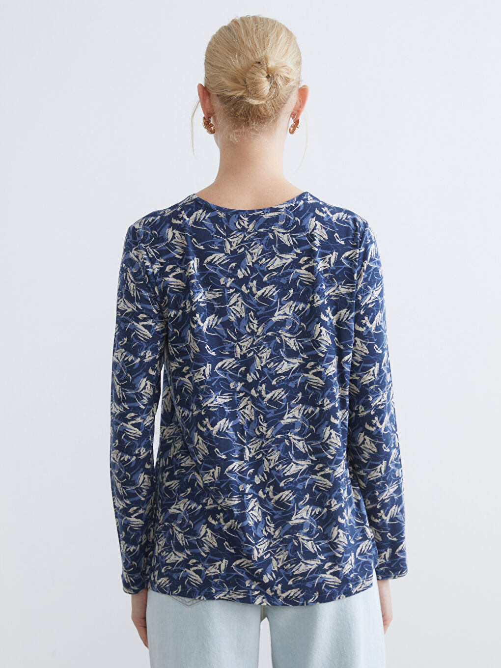 Lacivert Bisiklet Yaka Desenli Bluz-3