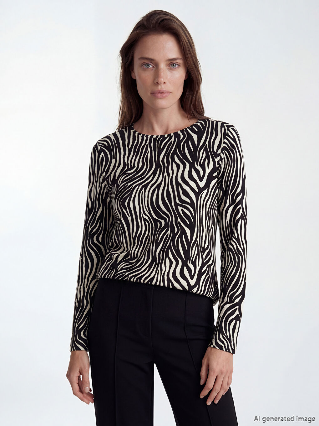 Bej Bisiklet Yaka Zebra Desenli Kadın Tişört