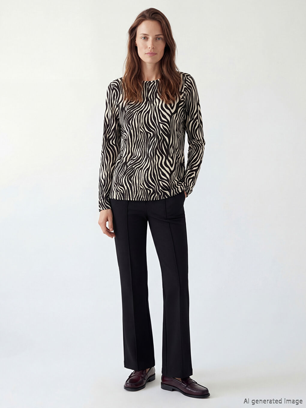 Bej Bisiklet Yaka Zebra Desenli Kadın Tişört-1