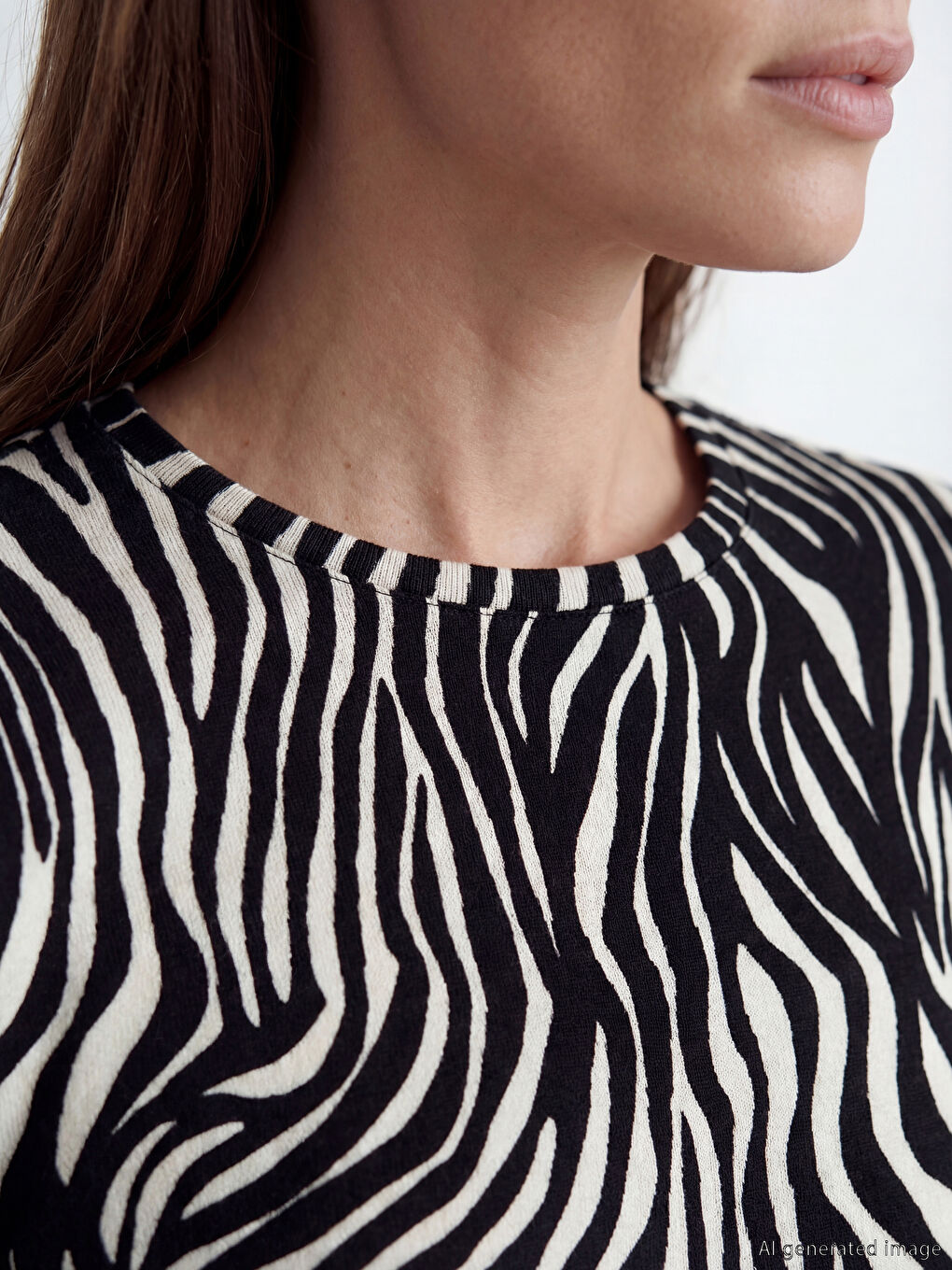 Bej Bisiklet Yaka Zebra Desenli Kadın Tişört-2