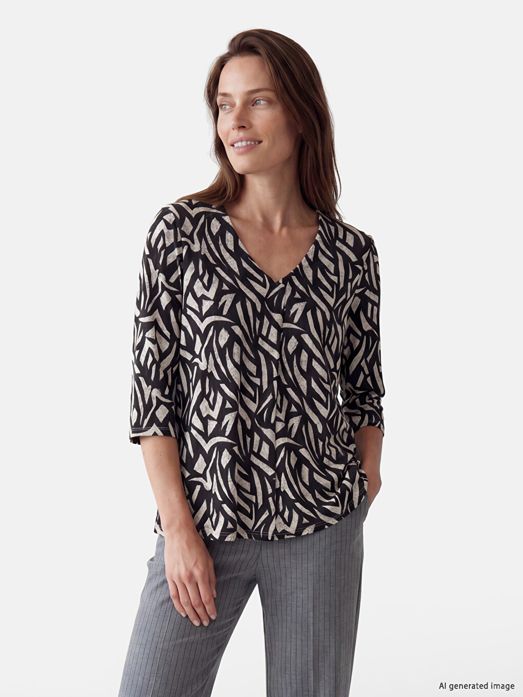V Neck Patterned Blouse