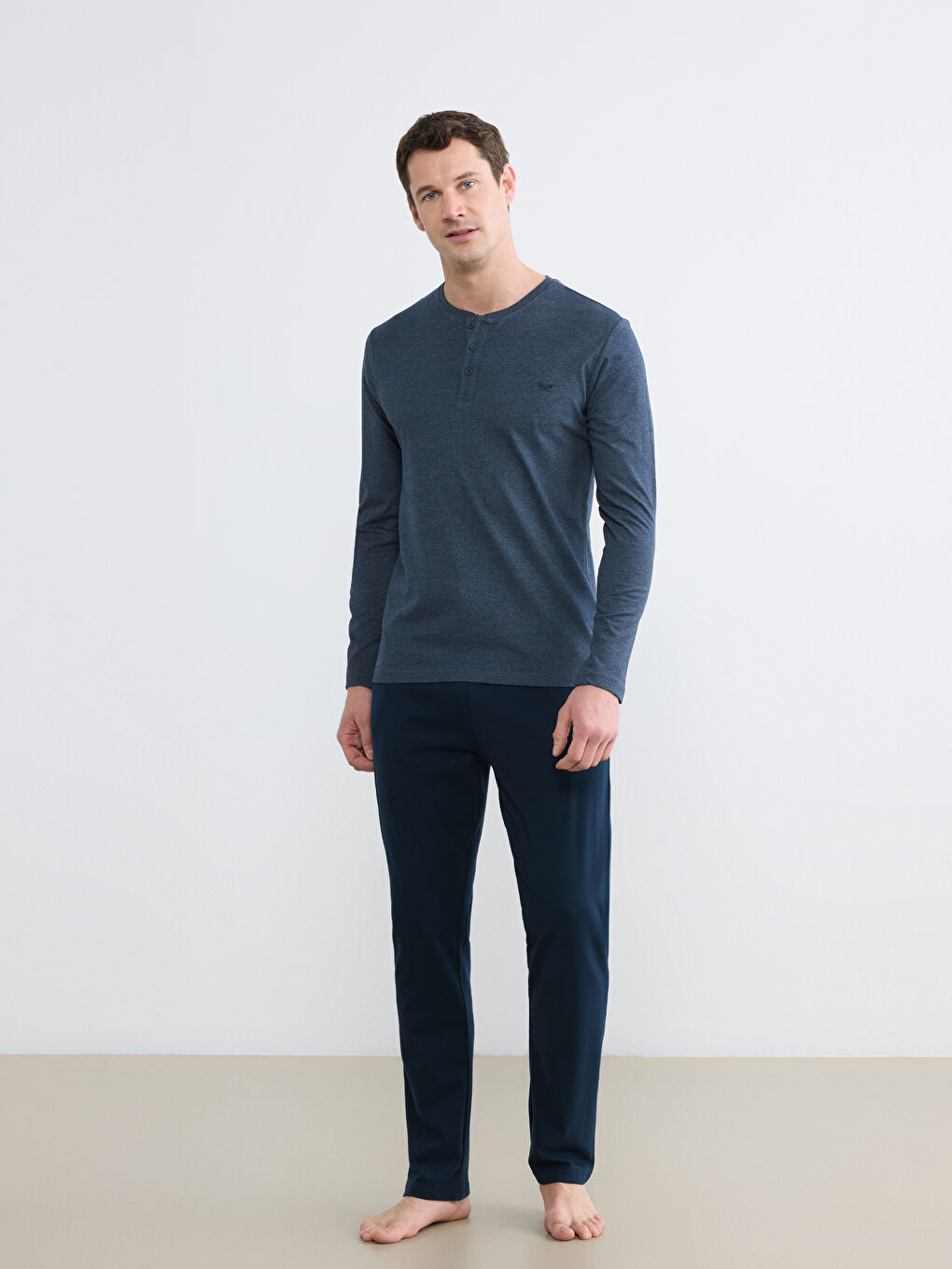 Mavi Bisiklet Yaka Düz Erkek Pijama Takımı