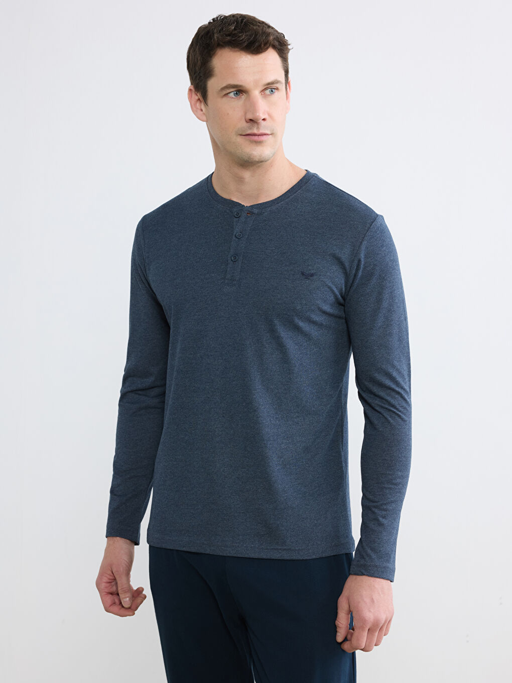 Mavi Bisiklet Yaka Düz Erkek Pijama Takımı-1