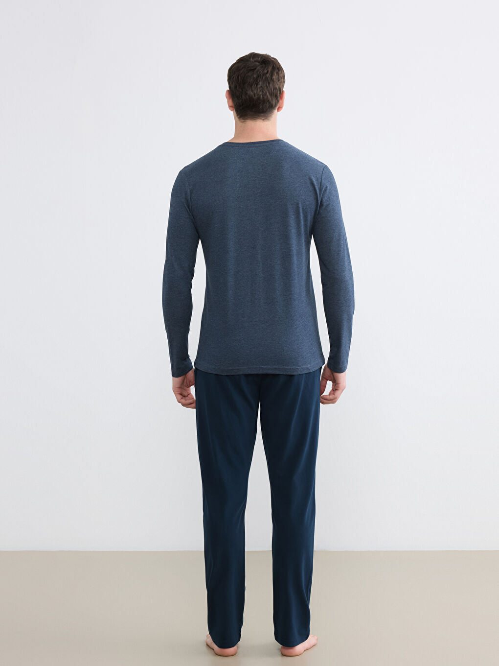 Mavi Bisiklet Yaka Düz Erkek Pijama Takımı-4