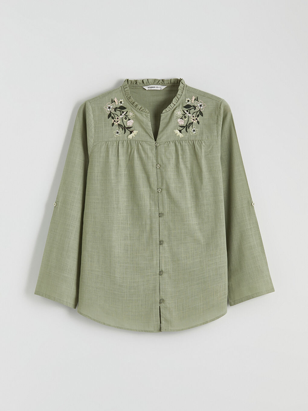 Floral Embroidered Women's Shirt with a Ruffled Stand-Up Collar.-4