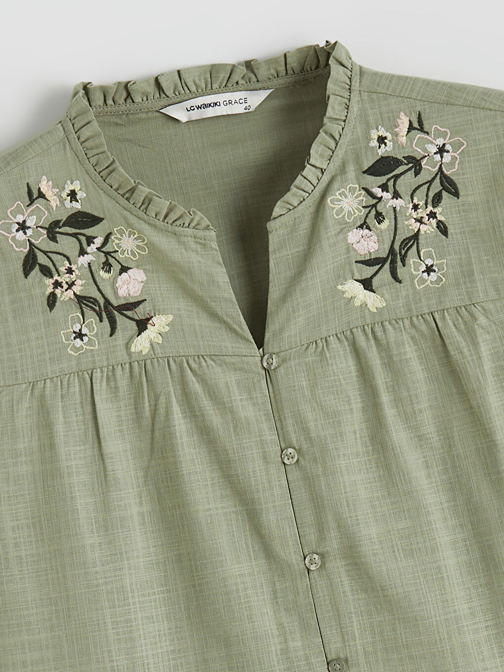 Floral Embroidered Women's Shirt with a Ruffled Stand-Up Collar.-5