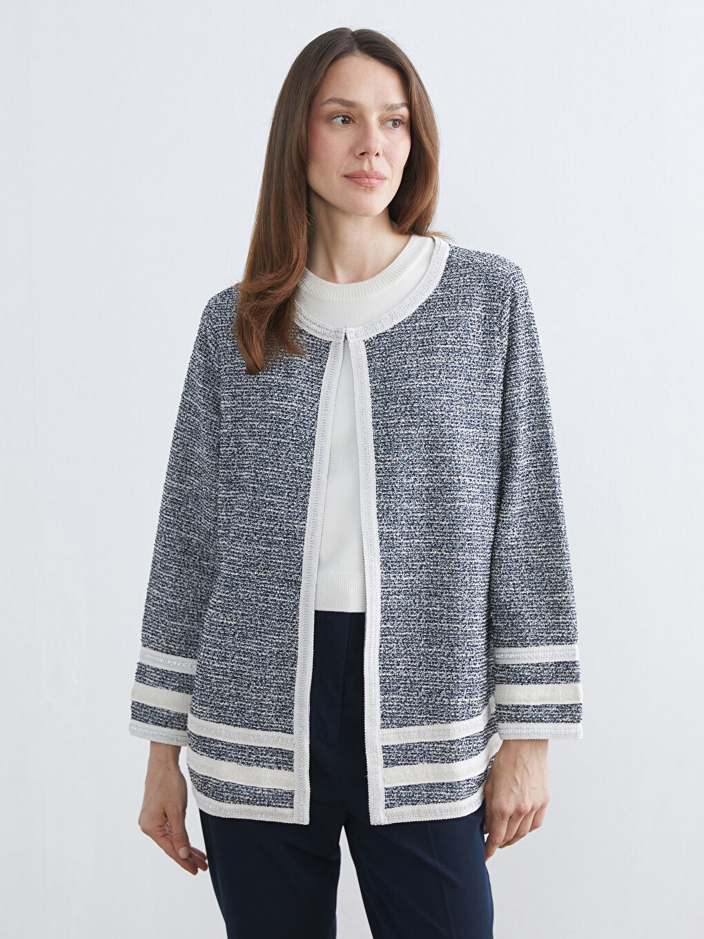 Lacivert Bisiklet Yaka Desenli Kadın Hırka