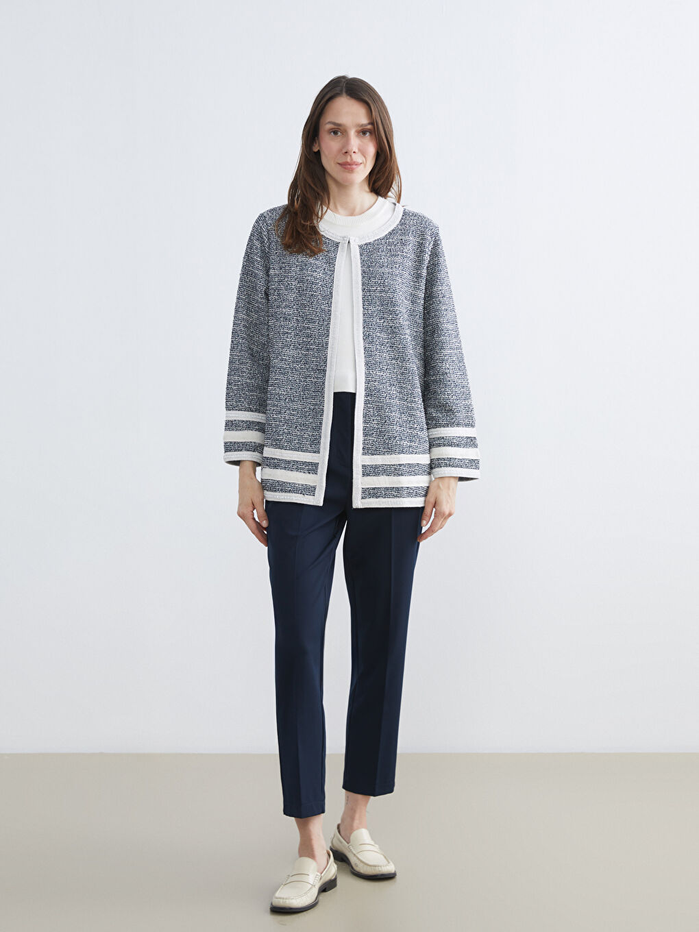 Lacivert Bisiklet Yaka Desenli Kadın Hırka-1