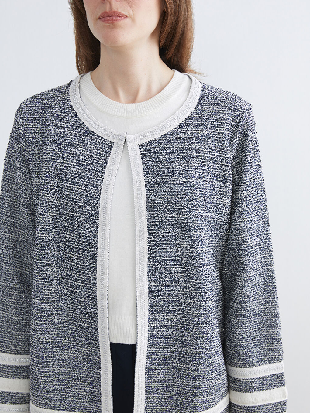 Lacivert Bisiklet Yaka Desenli Kadın Hırka-2