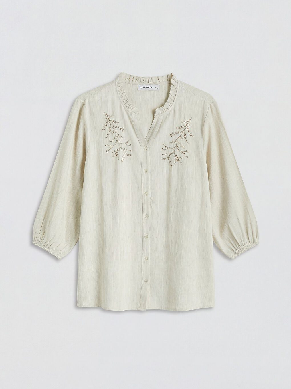 Bej Fırfırlı Kaçık Yaka Nakışlı Kadın Gömlek