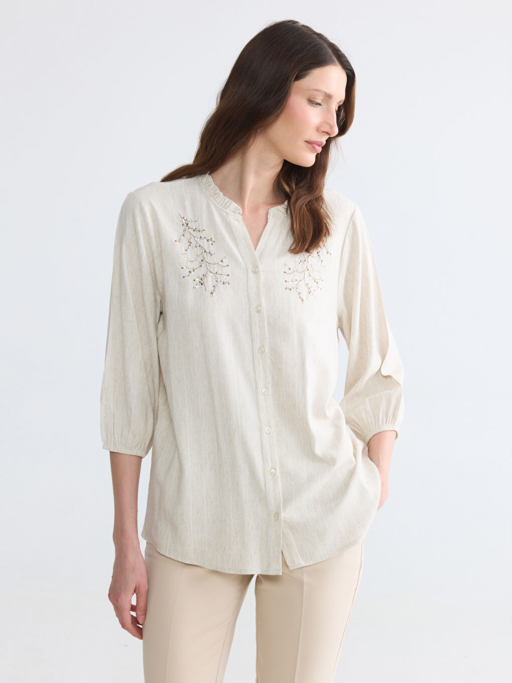Frilled Collar Striped Women's Shirt