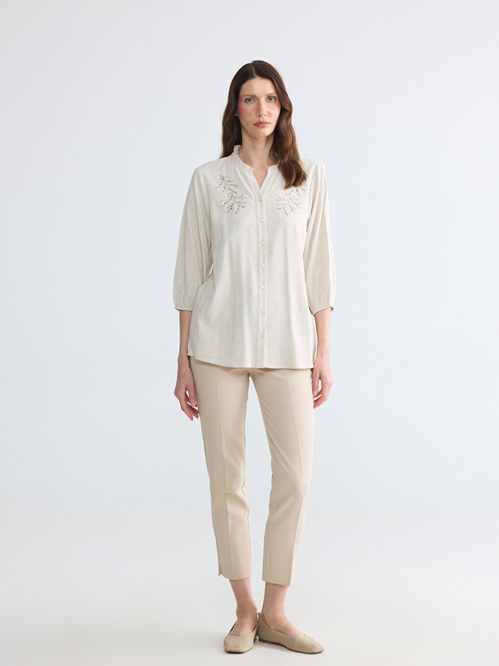 Frilled Collar Striped Women's Shirt-1