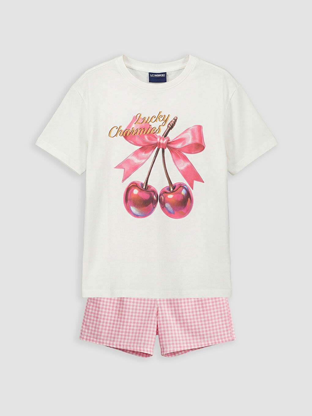 Ekru Bisiklet Yaka Baskılı Kız Çocuk Pijama Takım-1