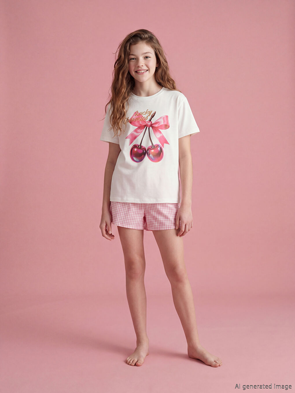 Ekru Bisiklet Yaka Baskılı Kız Çocuk Pijama Takım