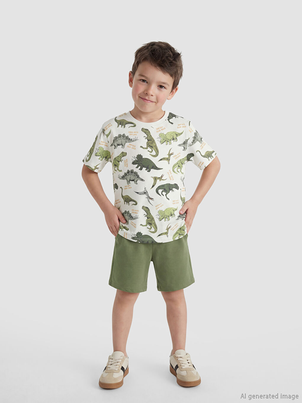 Ekru Dinozor Baskılı Erkek Çocuk Tişört ve Şort