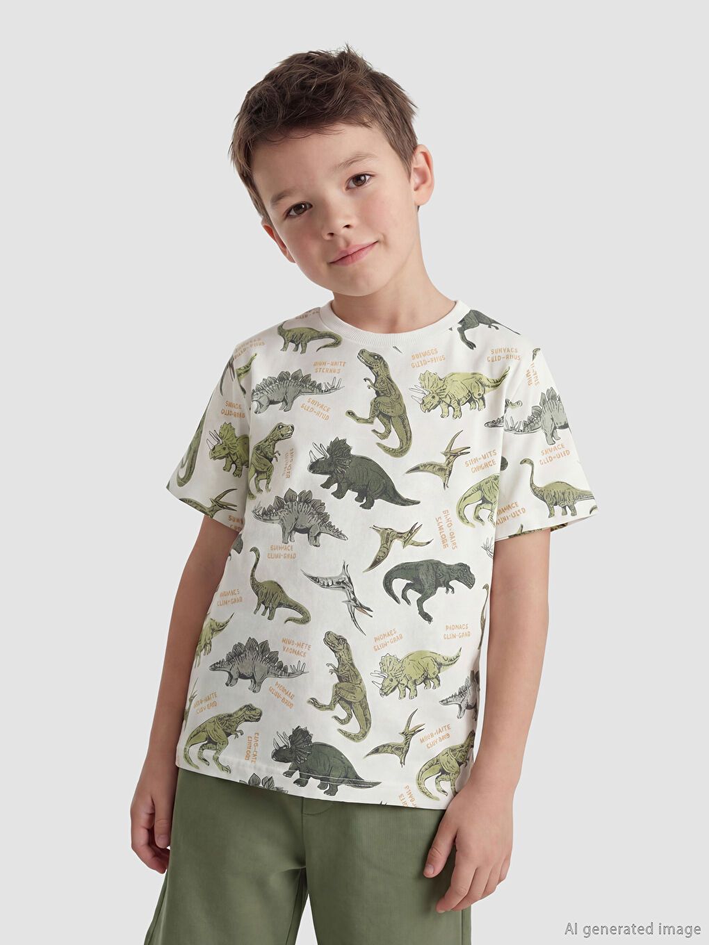 Ekru Dinozor Baskılı Erkek Çocuk Tişört ve Şort-1