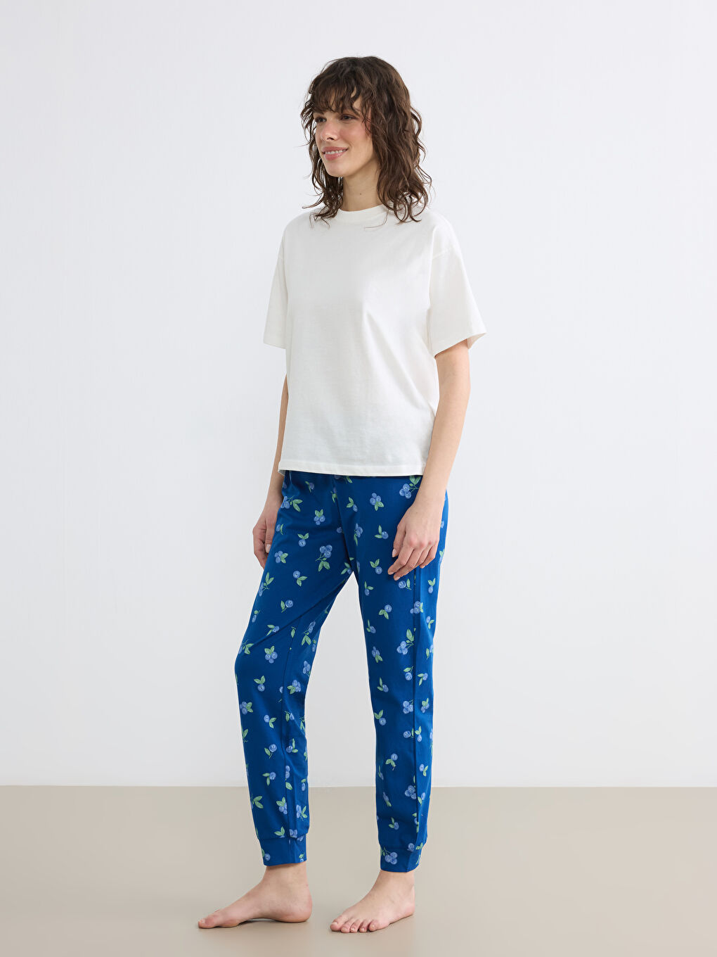 Mavi Kiraz Baskılı Kadın Jogger Pijama Altı