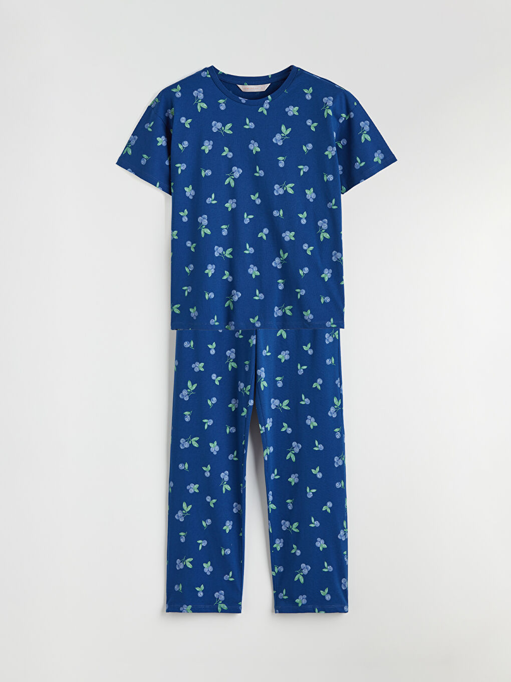 Mavi Bisiklet Yaka Kiraz Baskılı Kadın Pijama Takımı