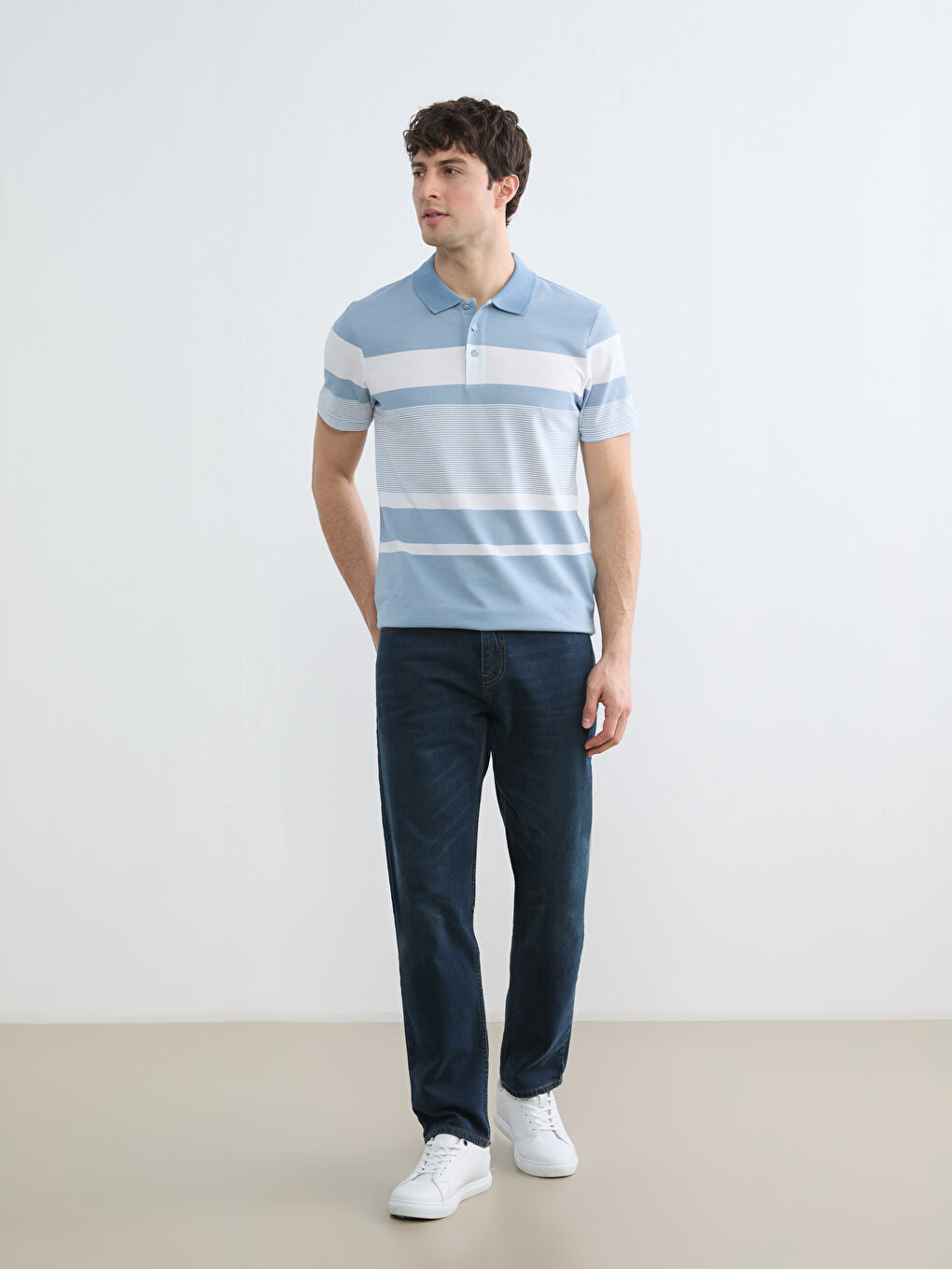 Mavi Polo Yaka Çizgili Pike Tişört-1