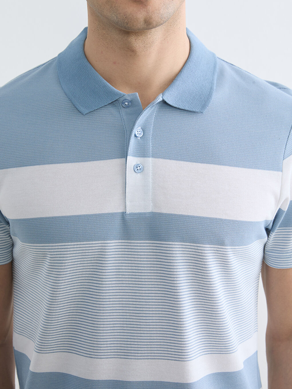 Mavi Polo Yaka Çizgili Pike Tişört-2