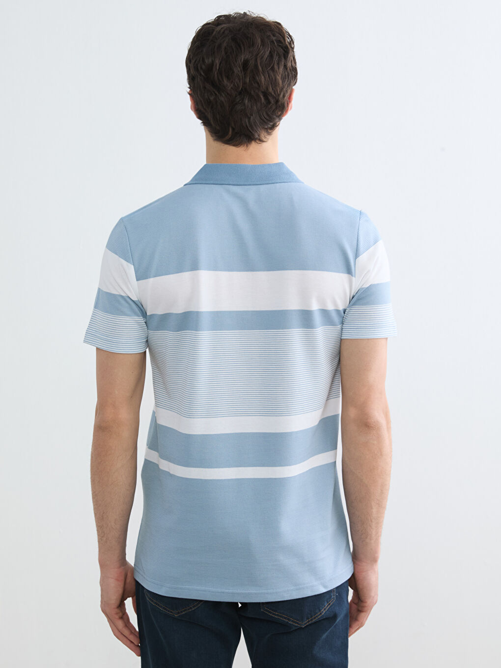 Mavi Polo Yaka Çizgili Pike Tişört-3