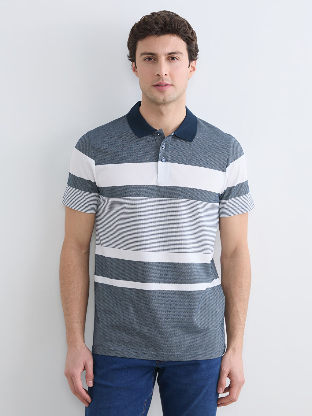 Lacivert Polo Yaka Çizgili Pike Tişört