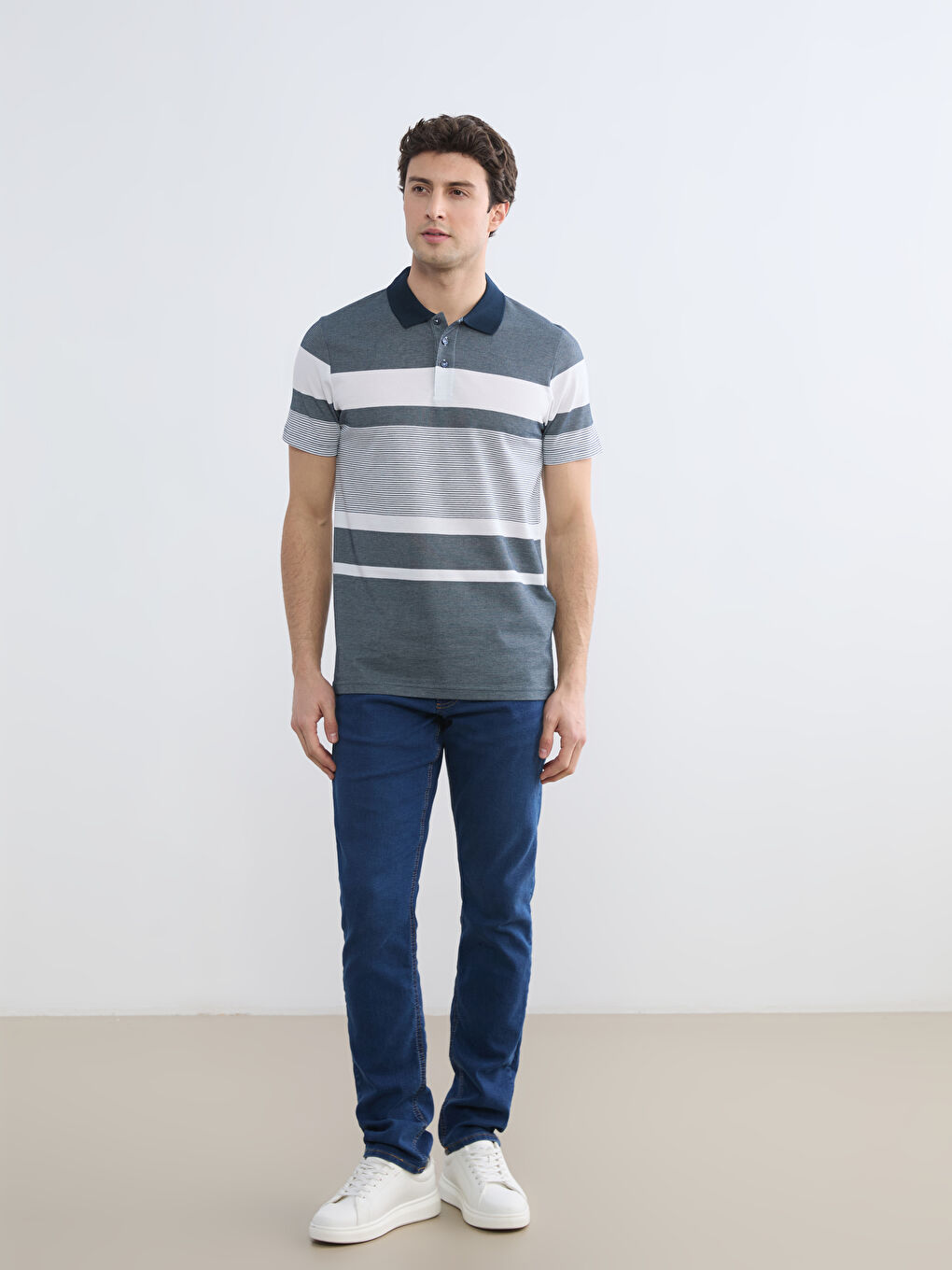 Lacivert Polo Yaka Çizgili Pike Tişört-1