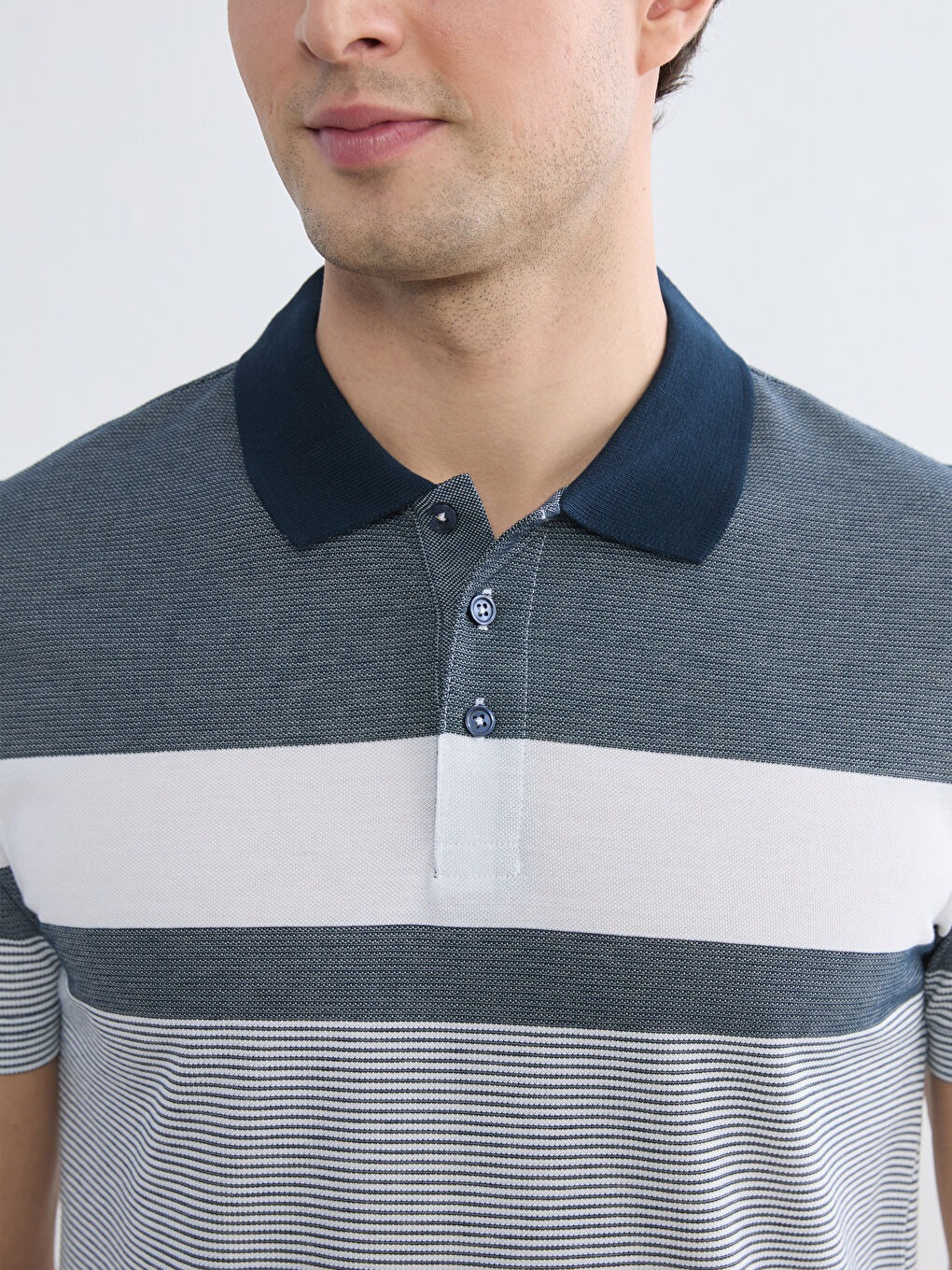 Lacivert Polo Yaka Çizgili Pike Tişört-2