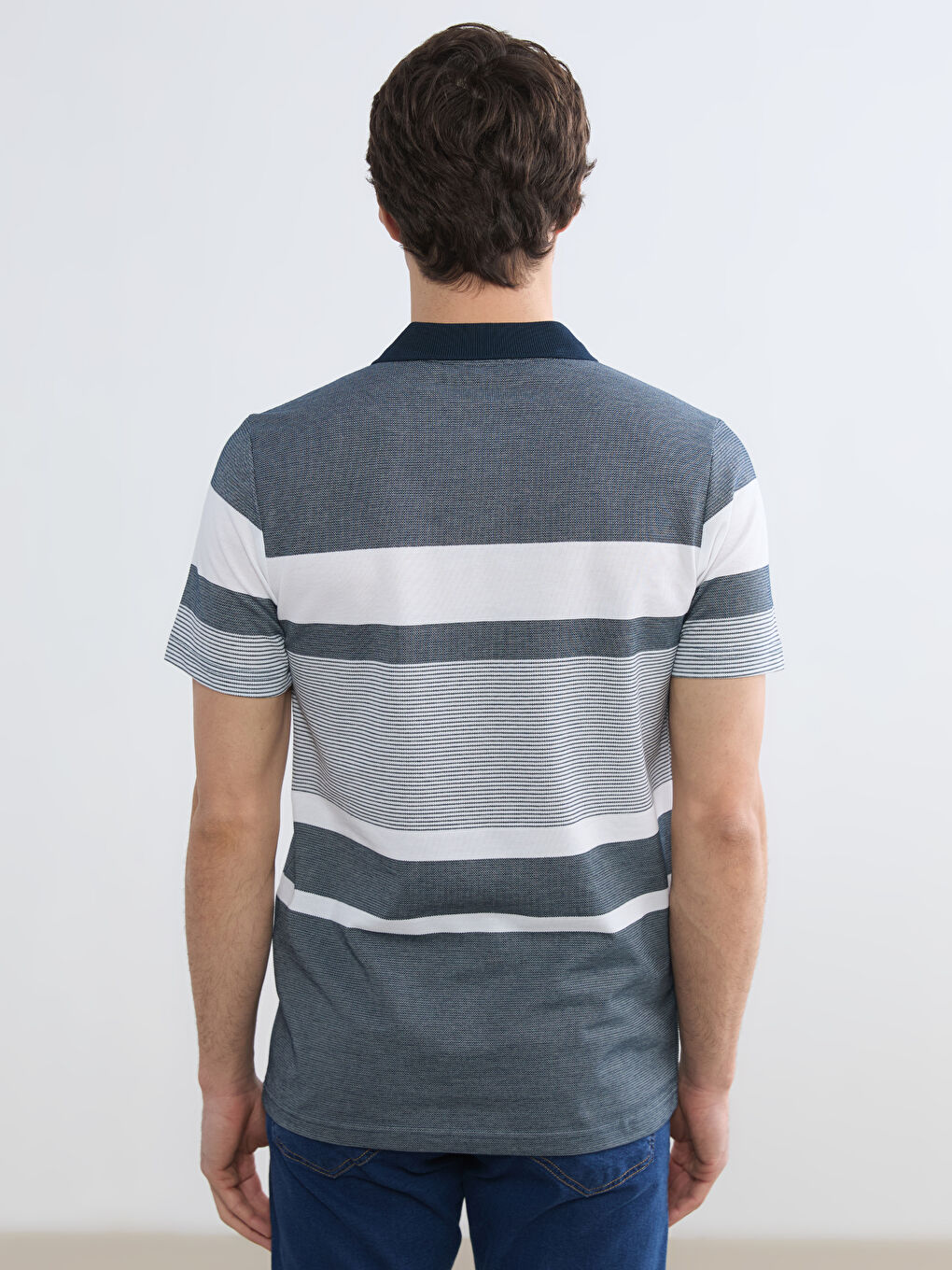 Lacivert Polo Yaka Çizgili Pike Tişört-3