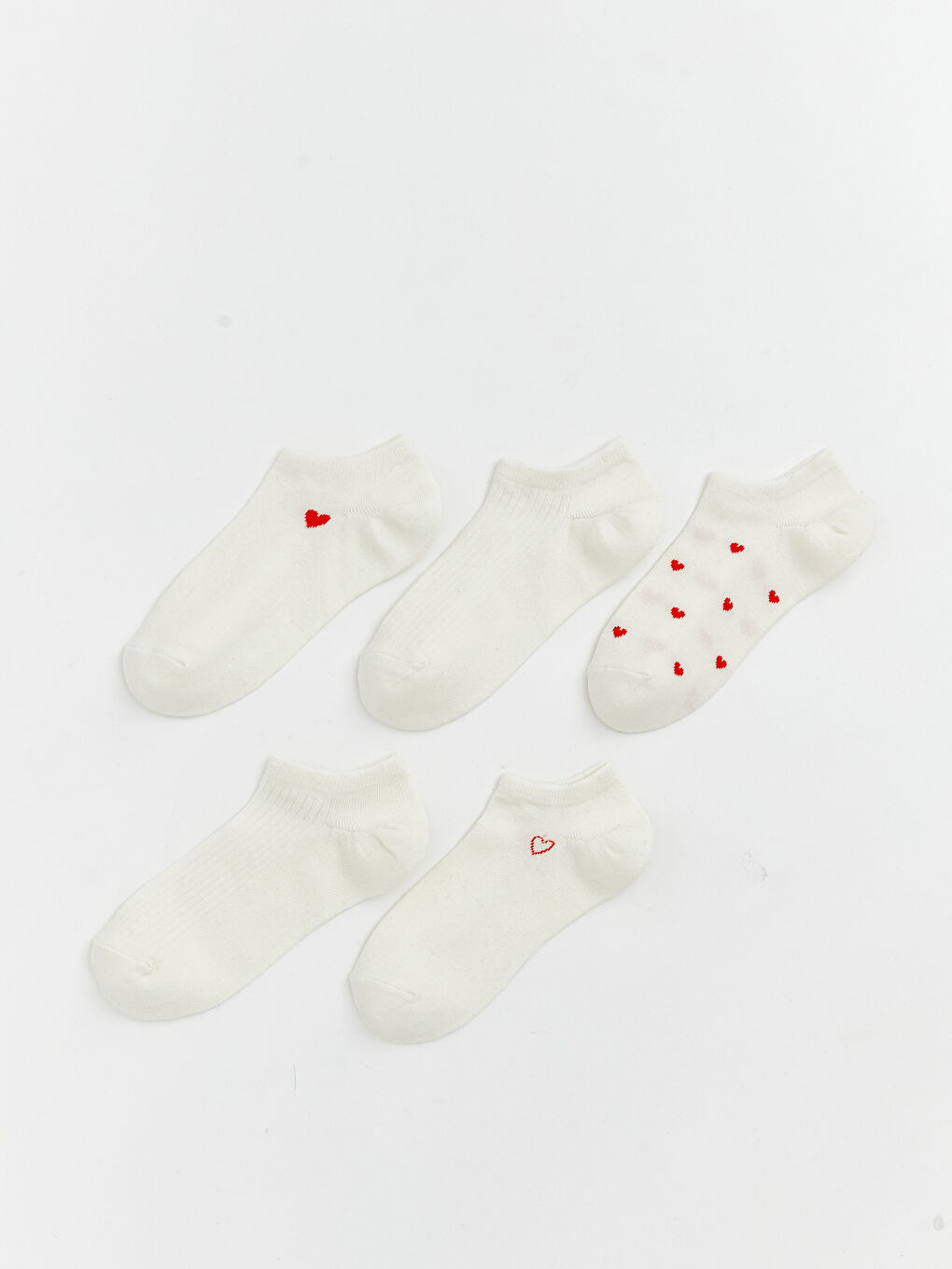 Ekru Kalp Desenli Kadın Sneaker Çorap 5'li