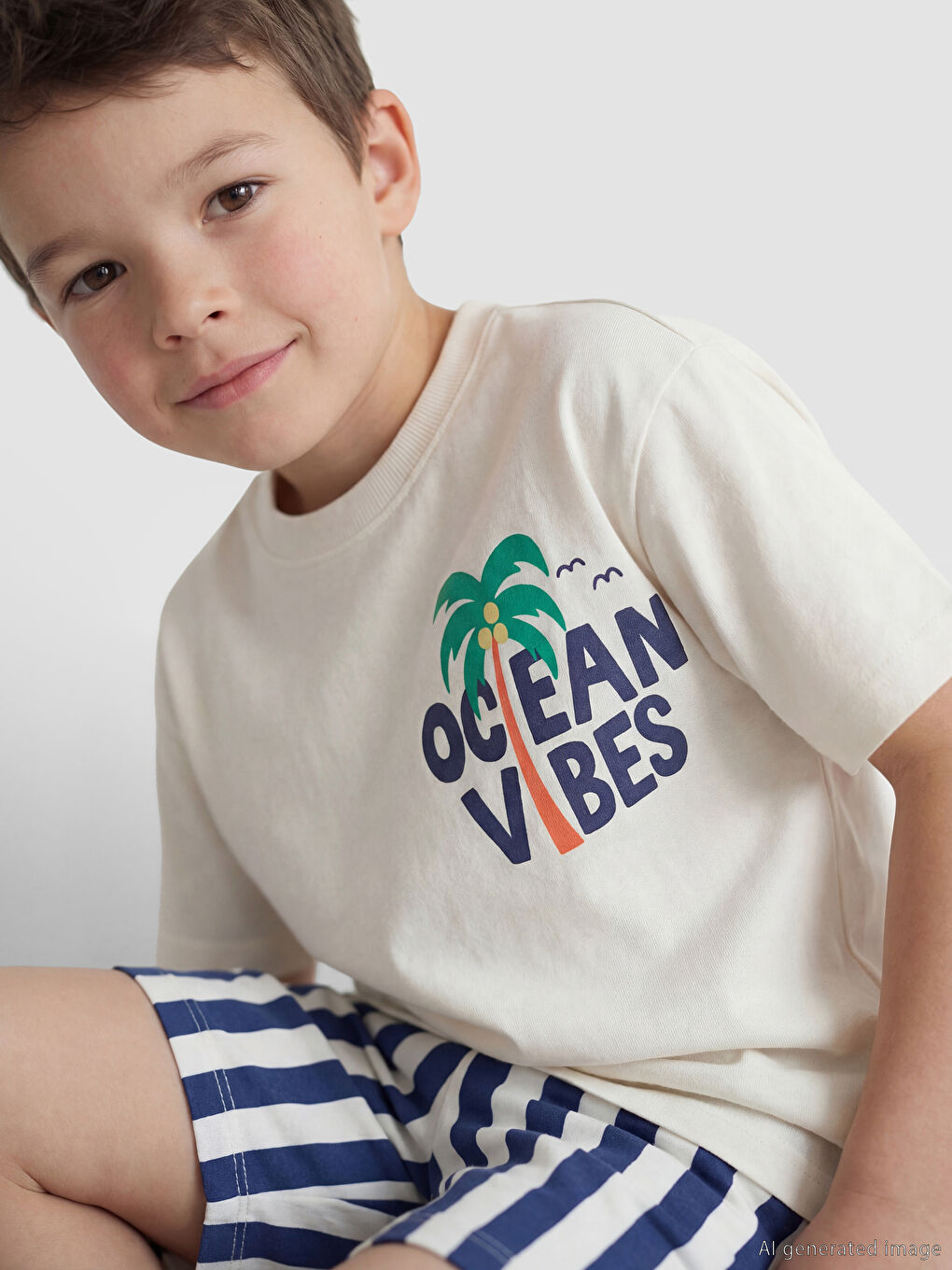 Beyaz Baskılı Erkek Çocuk Şort ve Tişört-1