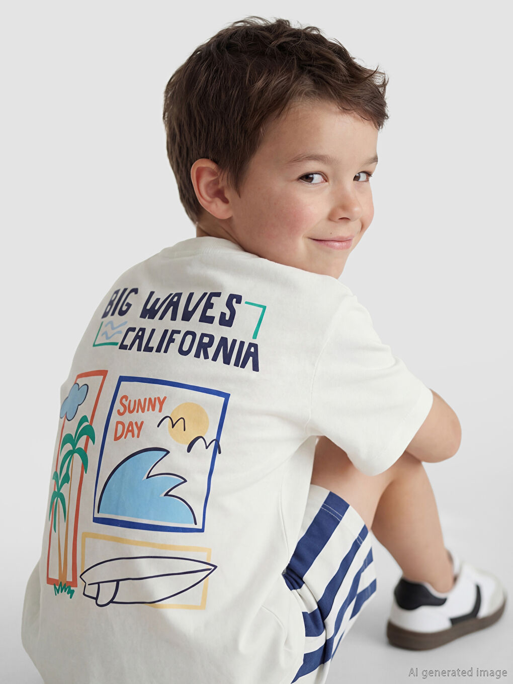 Beyaz Baskılı Erkek Çocuk Şort ve Tişört-2